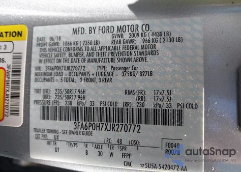 2018 Ford Fusion Se from USA, damaged, VIN 3FA6P0H7XJR270772